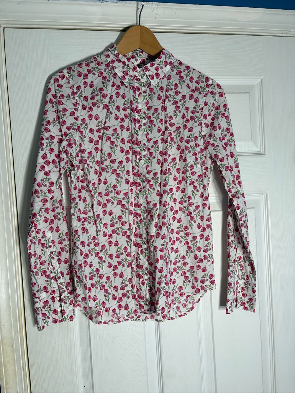 J. Crew White Button-Down Shirt with Pink Cherry Floral Print